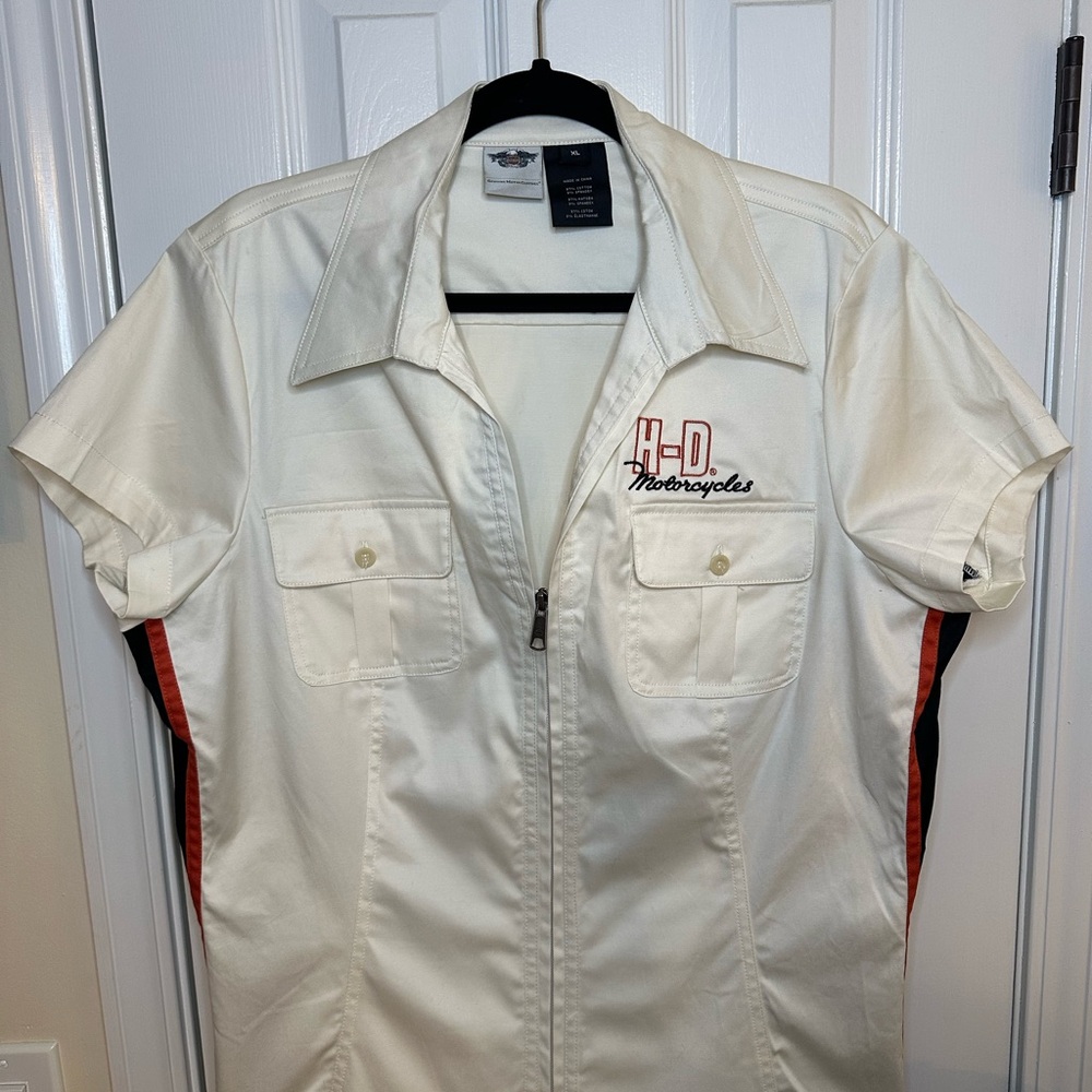Harley-Davidson Women’s Zip Front Shirt Cream, Black & Orange Embroidered XL